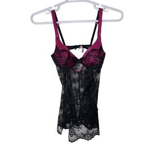 Victoria's Secret Lingerie Babydoll Bustier Top Women's 34C Black Pink‎ Lace Y2K